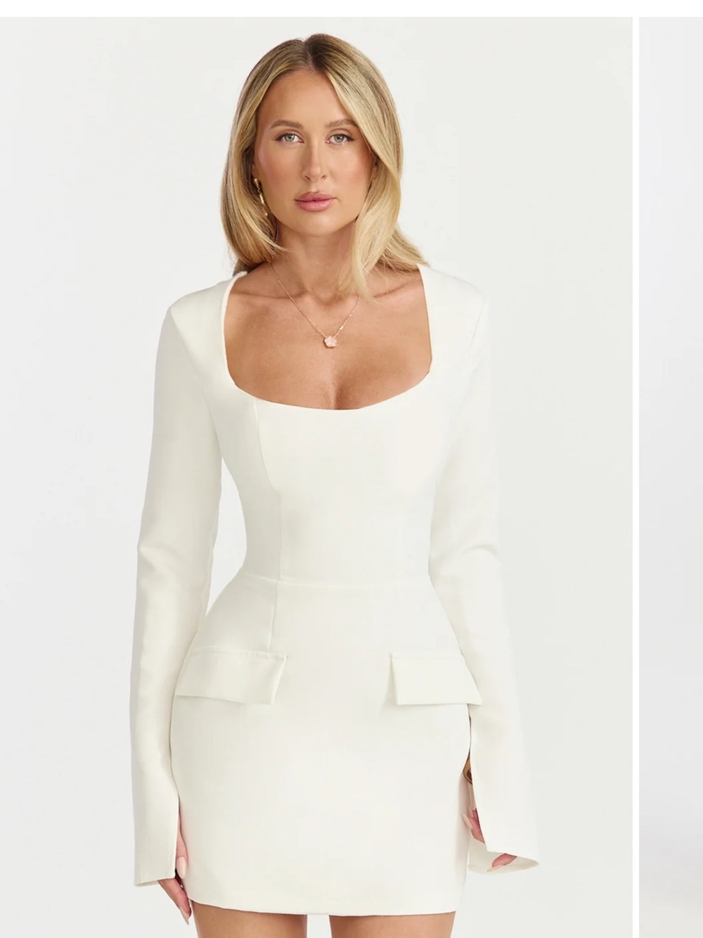 Elegant White Long-Sleeve Square Neck Mini Dress